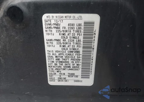 2018 Nissan Rogue Sl z USA, uszkodzony, nr VIN JN8AT2MT1JW462887